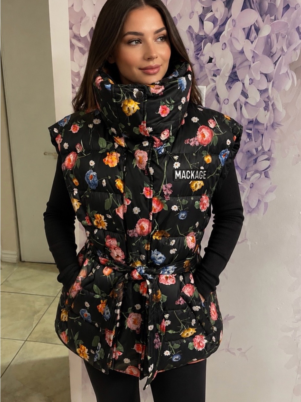 Mackage Black Floral Quilted Puffer Vest 90%Duck down